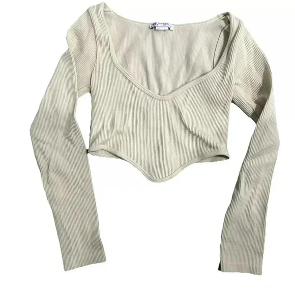 Zara Tops - Women’s Zara Cream White Ribbed Long Sleeve Crop Top Size XS
